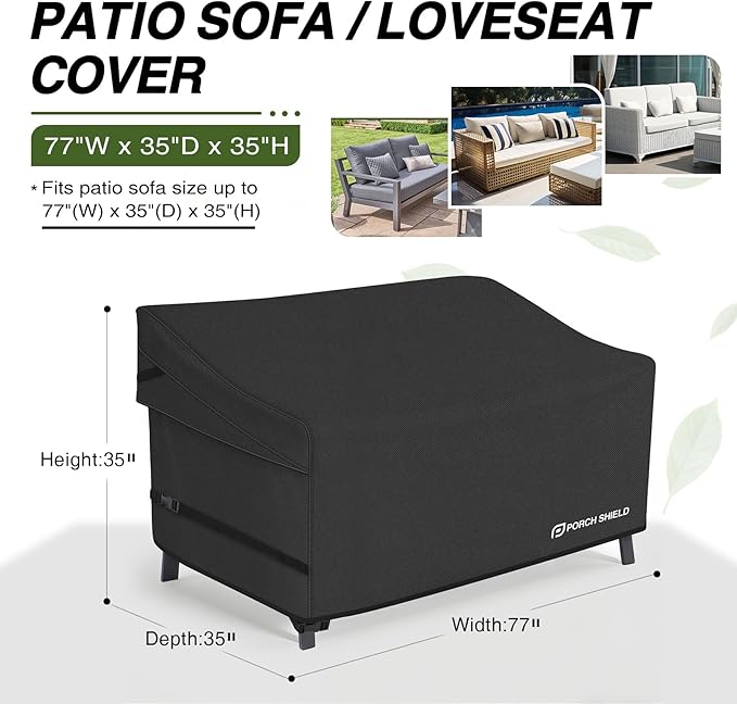 Porch Shield Waterproof Outdoor Furniture Sofa Cover – Patio 3-Seater Couch Cover 77W x 35D x 35H inch, Black