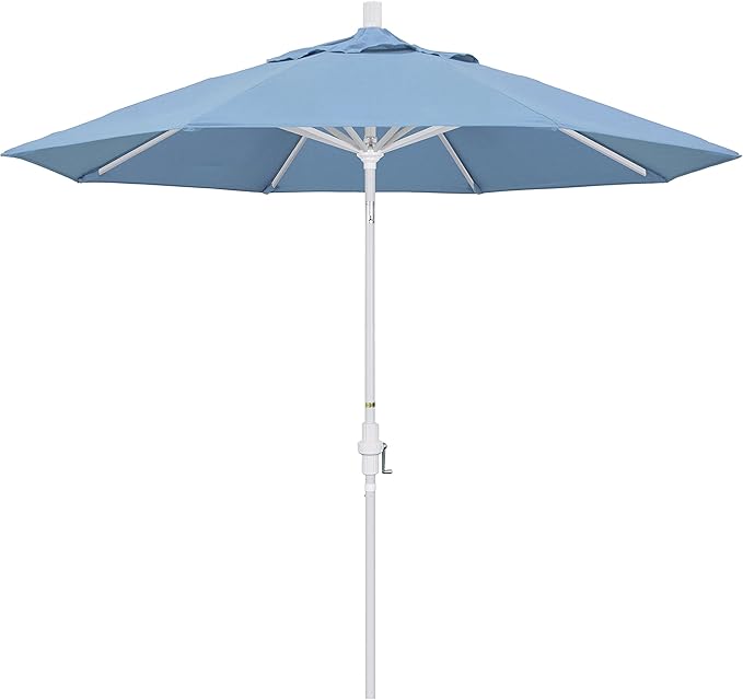 California Umbrella 9' Round Aluminum Patio Umbrella, Crank Lift, Collar Tilt, White Pole, Air Blue