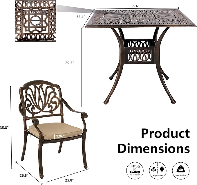 Grepatio 5 Piece Cast Aluminum Patio Dining Set Outdoor Furniture Set Patio Garden Set with 4 Ding Chairs, 4 Cushions and 35.4" Square Patio Table 2.4" Umbrella Hole, Antique Bronze (Khaki)