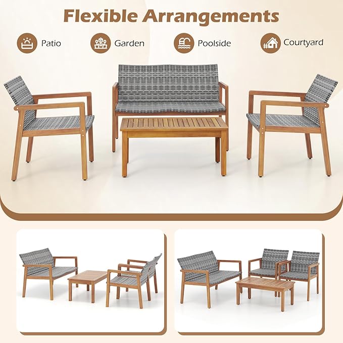 HAPPYGRILL 4-Piece Patio Furniture Set, PE Rattan Patio Bistro Set with Loveseat, Single Chairs & Coffee Table, Outdoor Acacia Wood Conversation Set for Garden, Backyard, Poolside & Porch