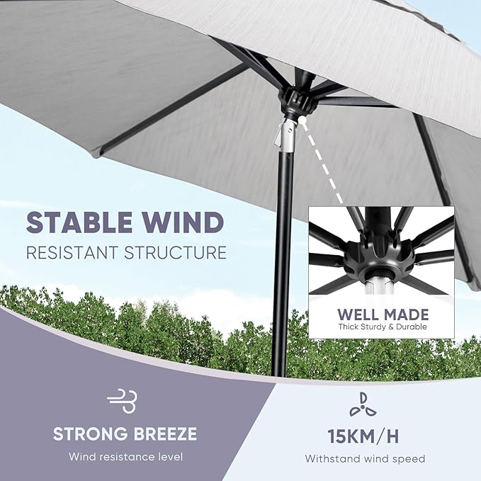 Tempera Patio Market Outdoor Table Umbrella with Auto Tilt and Crank, Large Sun Umbrella with Sturdy Pole & Fade Resistant Canopy, Easy to Set