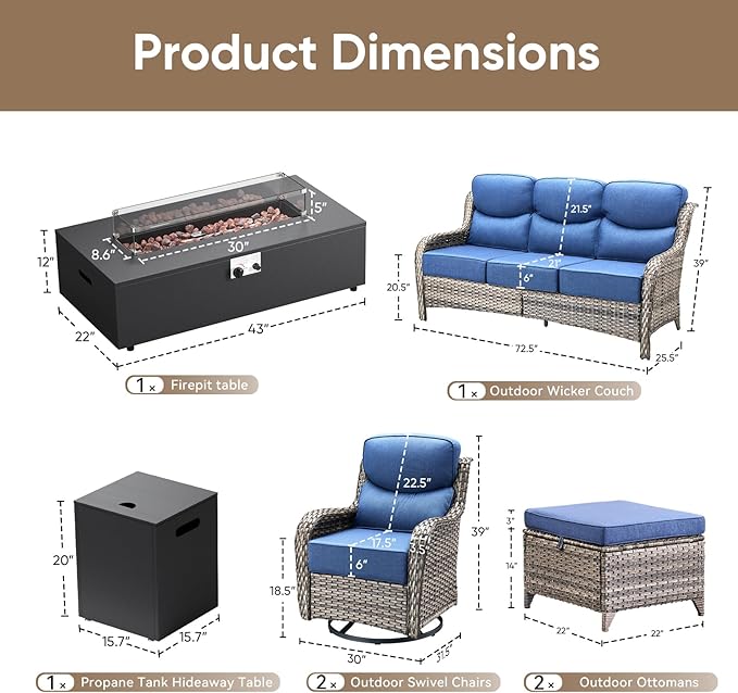 HUMMUH Luxury Patio Furniture Set 6-inch Thick Cushions High Back Swivel Rocker Chairs & 3 Seater-Couch & Steel Fire Pit Table 7 Pieces Outdoor Conversation Set for Porch,Deck,Backyard
