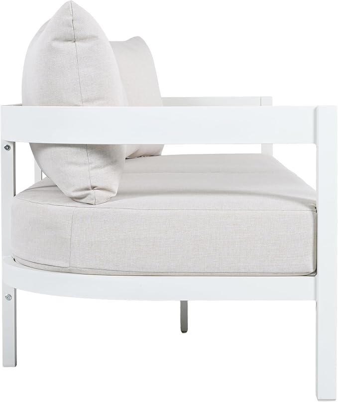 Christopher Knight Home Lula 5-Seater Patio Furniture Set with Coffee Table, 4 Piece Outdoor Conversation Set with Cushion, Aluminum Outdoor Sectional Sofa Set, White+Beige