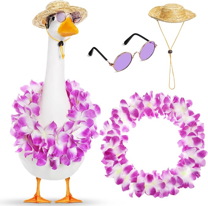 Shyyween Summer Porch Goose Outfits for Plastic Goose 23/17'' Hawaiian Lawn Patio Statue Clothes Straw Hat and Hawaiian Lei Costume(Purple)