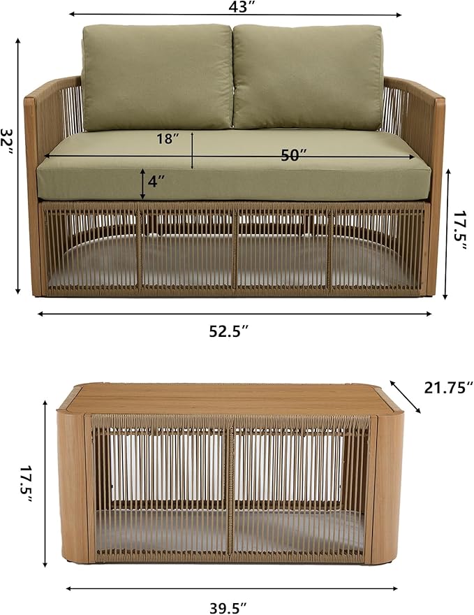2 Piece Patio Furniture Set, Olefin Rope Patio Conversation Set, Aluminum Patio Sofa Set, 2 Seat Loveseat Couch with Coffee Table, All Weather Outdoor Sectional Furniture for Deck/Yard, Green