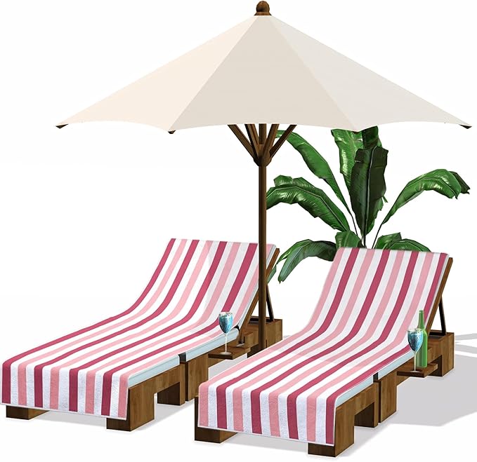 Fumete 2 Pack Lounge Chair Covers 30 x 85 Inch Pool Chaise Lounge Towels Microfiber Beach Chair Towel Portable Striped Outdoor Patio Furniture Cover for Sunbathing Picnic Spa(Pink and Dark Pink)
