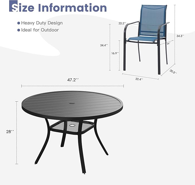 VICLLAX Round Outdoor Dining Set, Patio Table and Chairs Set Set of 6 Patio Stackable Chairs and 47" Outdoor Round Table with Umbrella Hole for Backyard Lawn Garden, Blue Chairs and Black Table