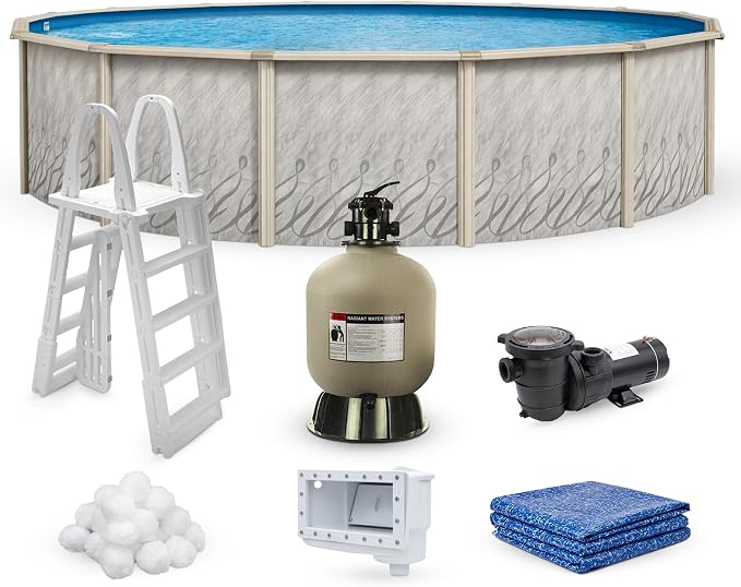 Lake Effect Pools 'Meadows Reprieve' 12 ft Round Above Ground Swimming Pool Bundle | 52 Inch Height | Steel Sided Walls | Kit Includes: 25 Gauge Liner, A-Frame Ladder, Sand Filter/Pump, & Skimmer