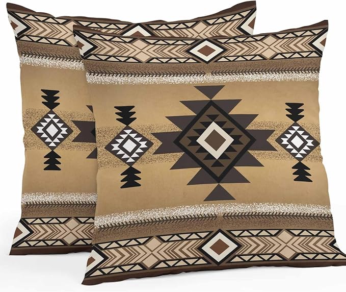 Vandarllin Outdoor Throw Pillows Covers 26x26 inch Set of 2 Waterproof Tribal Style Decorative Zippered Cushion Covers for Patio Furniture, Brown Southwest Native American Lumbar Pillowcases