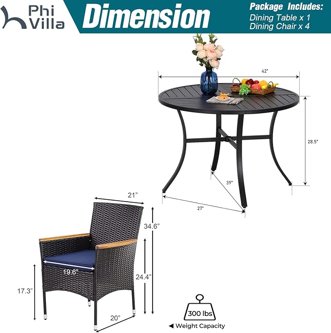 PHI VILLA 5 Pieces Outdoor Round Table Set for 4, 42” Wrought Iron Dining Table with Umbrella Hole & Cushioned Rattan Wicker Chairs for Patio, Deck, Yard, Porch