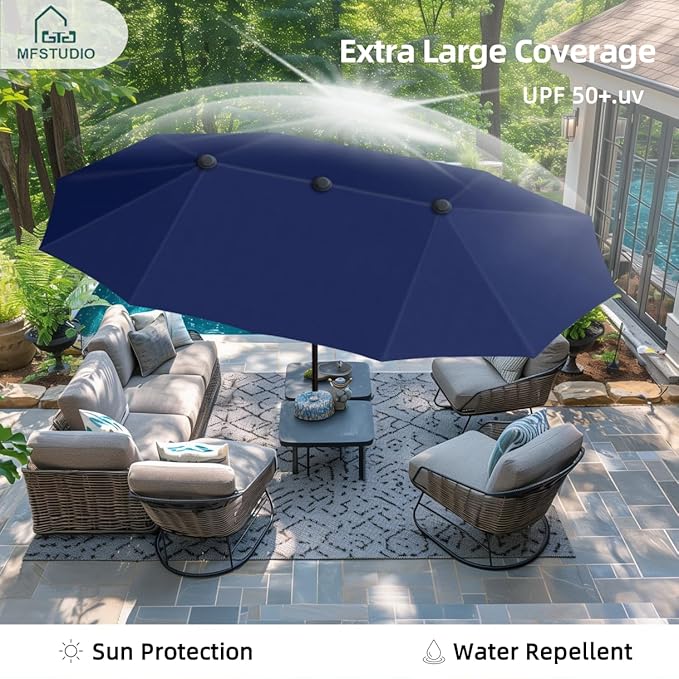 MFSTUDIO 13ft Outdoor Patio Umbrella, Double Sided Large Rectangular Umbrella Market Table Twin Triple Rectangle Umbrellas with Crank Handle for Outside Picnic Backyard Deck Pool (no base)
