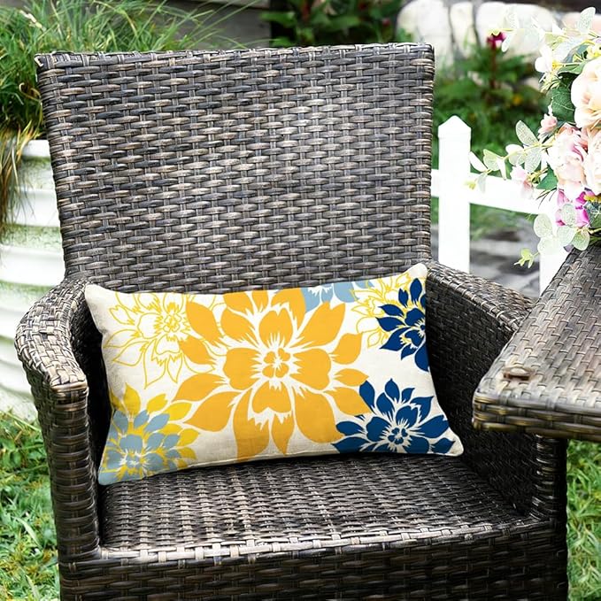 Waterproof Yellow and Blue Dahlia Floral Outdoor Pillow Covers 12x20 Inch, Decorative Spring Summer Cushion Cases for Living Room Sofa Patio Garden Porch