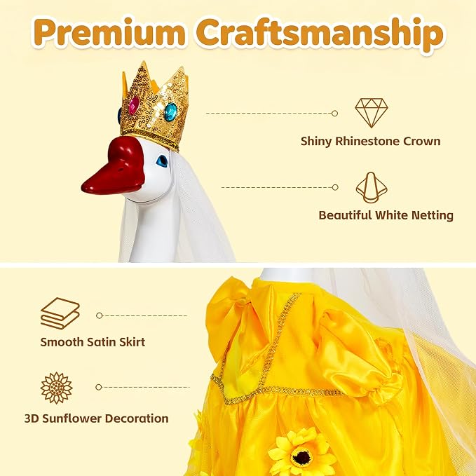 Porch Goose Statue with Princess Outfits - Cute Resin Goose Figurine with Yellow Princess Dress and Crown, Waterproof Weather Resistant Garden Decor for Patio Lawn Room, Gift for Women Goose Lovers