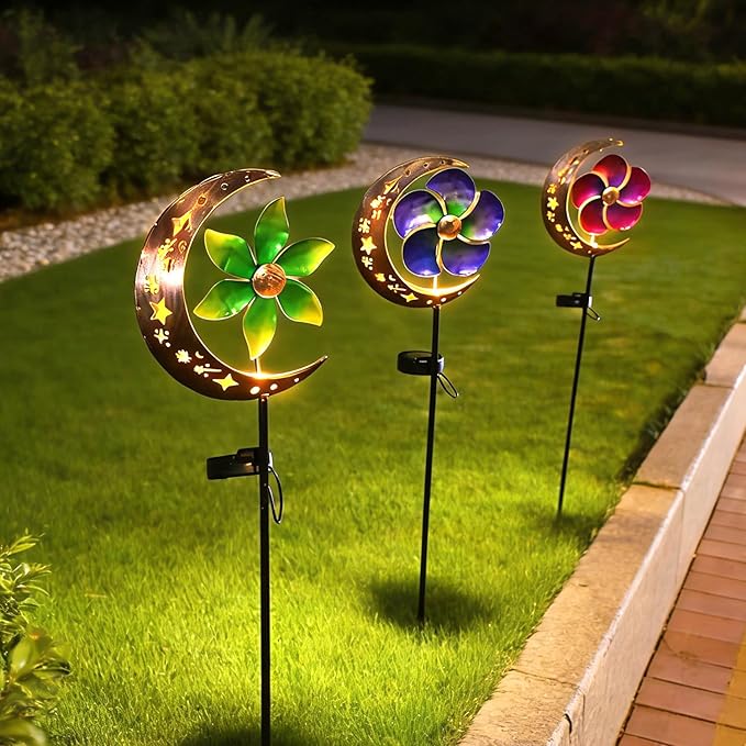 Solar Moon Windmill Decorative Garden Light, Lawn Lamp Light, Metal Stake Windmill with Glass Ball LED, Outdoor Lawn Lamp for Yard Decoration (Blue)
