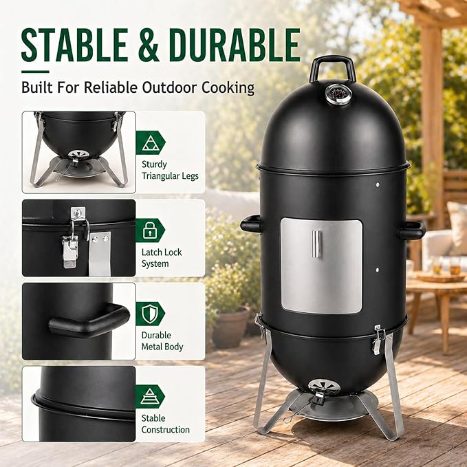 19 Inch Charcoal Smoker for Meat, Bullet Smoker, Vertical Smoker Grill for Backyard and Patio BBQ | 3-Layer Cooking Space with Built-In Thermometer and Dual Air Vents | Front Access Door and Ash Tray