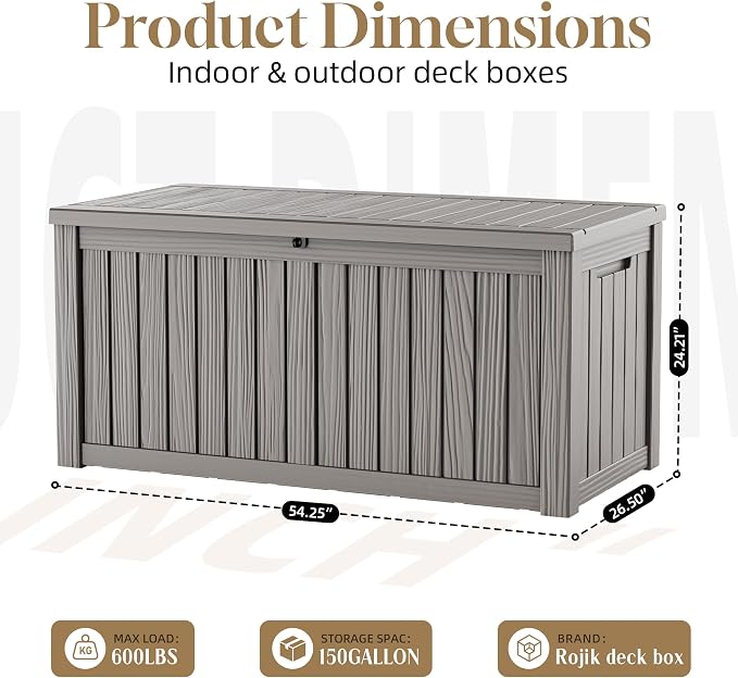 ROJIK 150 Gallon Outdoor Storage Box Waterproof,Weatherproof Deck Boxes Outdoor Lockable,Resin Outside Storage Box for Garden Tools,Cushions,Pool Accessories(Grey,150 Gal)