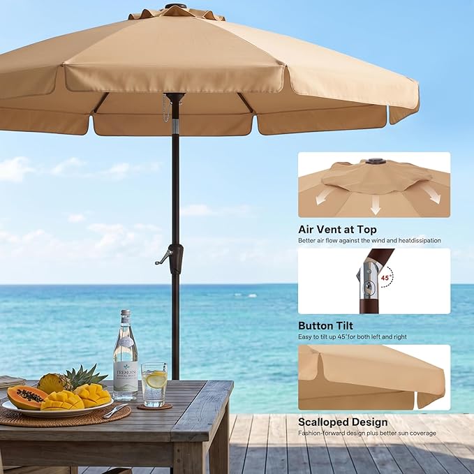ABCCANOPY 10ft Scalloped Patio Umbrella, Outdoor Table Umbrella with Tilt and Crank, Fiberglass Ribs Deck Umbrella for Patio, Pool, Garden, Picnic (Khaki)