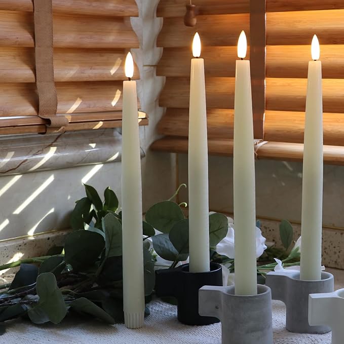 Rhytsing 11.4" Flameless Taper Candles with Timer Function, Battery Operated Dinner Tall Candlestick Rustic Wax, Warm White LED, 2 Remotes Included - Set of 6 (Ivory)