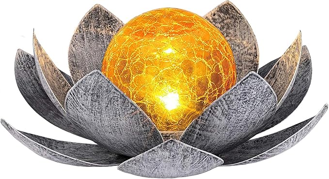 Ragyzity Lotus Solar Lights Outdoor, Bright Lotus Flower Table Lamp, Art Crackle Globe Glass Lotus Decoration, Waterproof Led Metal Flower Light Garden Table Decor for Patio Porch Pathway Lawn Pond