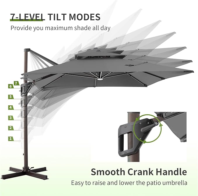 JZAC & QZYD 10X13 FT Outdoor Cantilever Patio Umbrella with LED Lights, Large Heavy Duty 2-Tier Aluminum Offset Umbrellas with 360-Degree Rotation for Pool Deck, Grey
