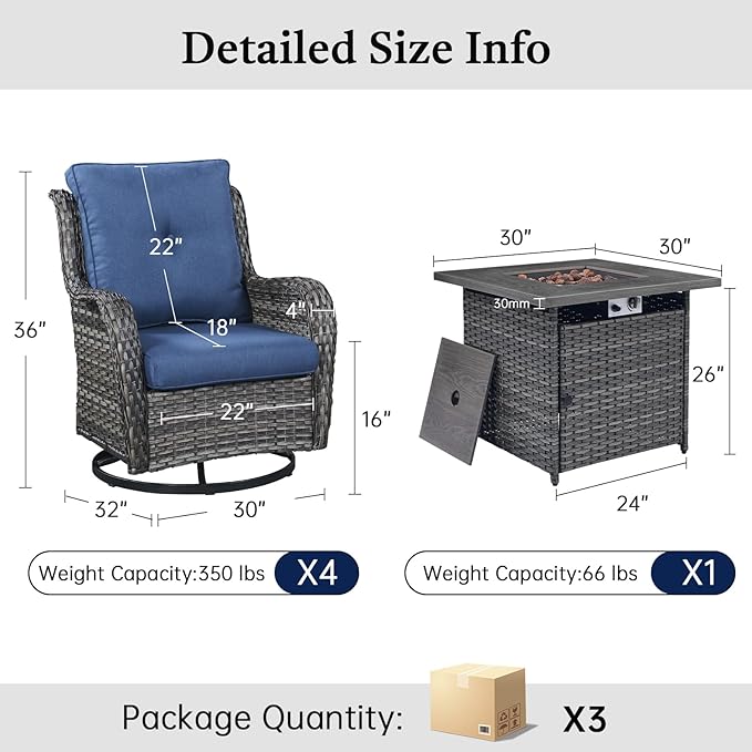Wicker Patio Furniture Set- 4 Pieces Outdoor Swivel Rocker Chairs with 50,000 BTU Fire Pit Table,PE Rattan Outdoor Conversation Set for Garden Porch Deck