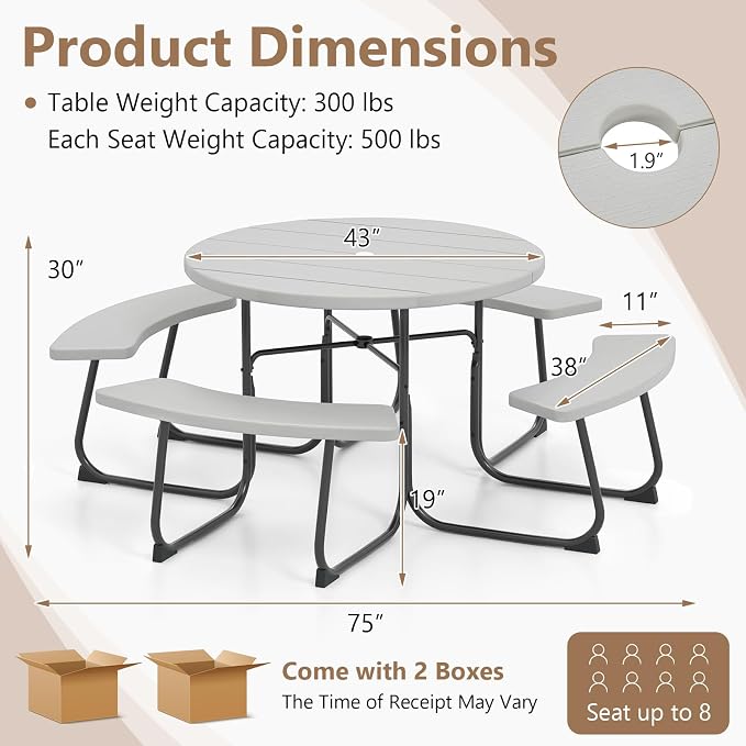 HAPPYGRILL 8-Person Picnic Table Bench Set with Umbrella Hole, 43” Outdoor Dining Table w/4 Benches, Wood-Like Texture Tabletop, Stable U-Shaped Base, Round Table for Backyards, Grey