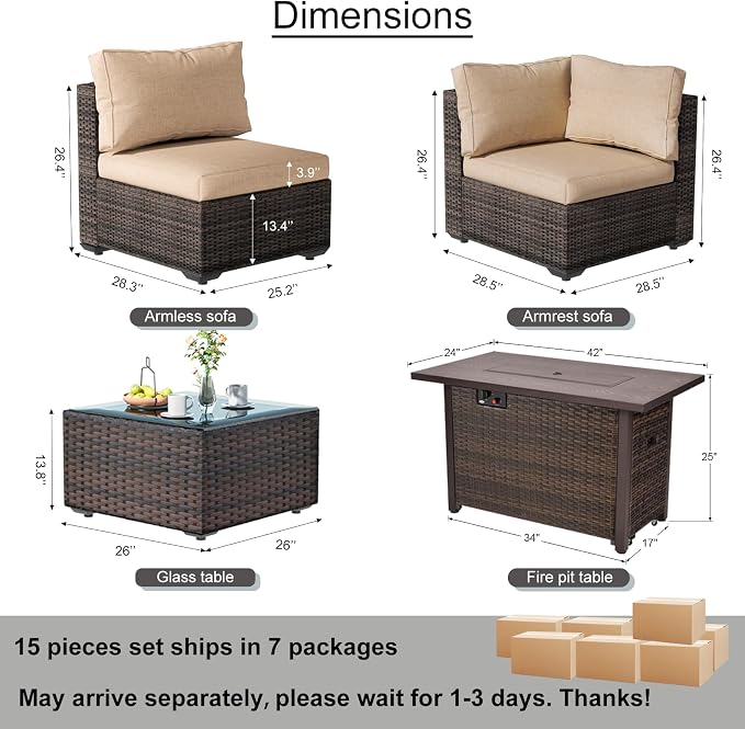 Patio Furniture Set, 15 Pieces Outdoor Sectional Patio Furniture Set with 42" Fire Pit Table, Rattan Wicker Sofa Set for Garden Backyard Deck Poolside, Beige