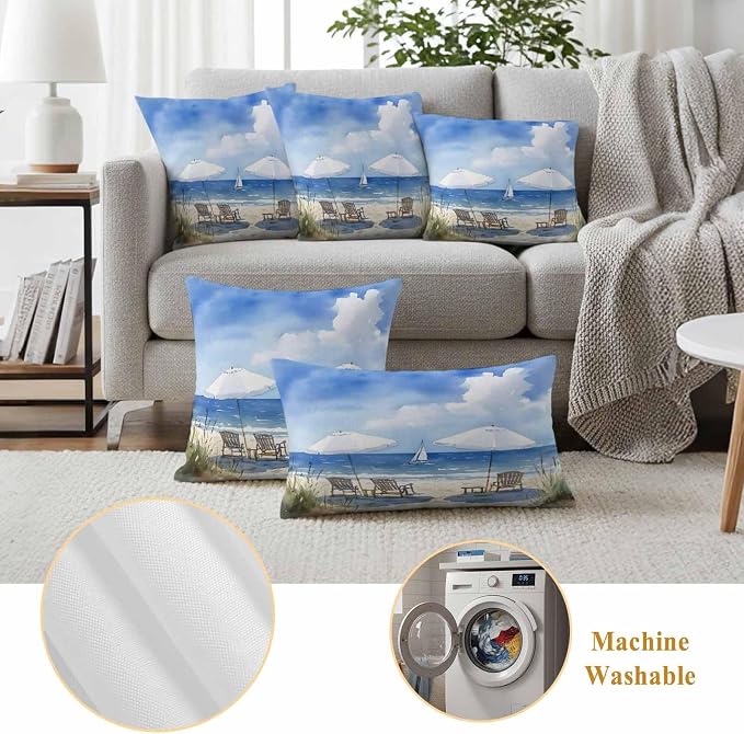 Watercolor Summer Beach Outdoor Waterproof Throw Pillow Covers Set of 2, 18"x18", Sun Umbrella Beach Chair Decorative Pillow Covers Outside Cushion Case for Patio Porch Garden