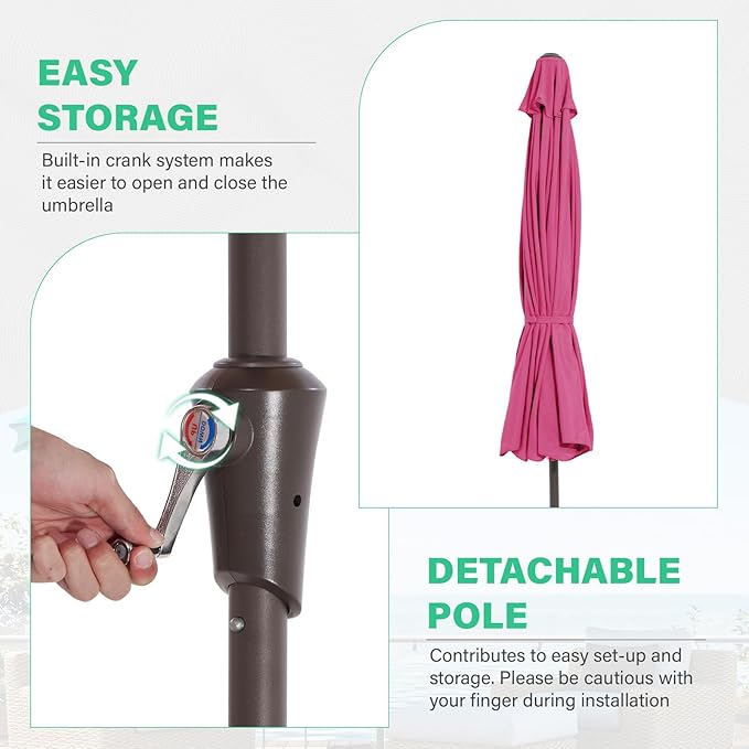 JEAREY 9 FT Patio Umbrella Outdoor, Table Umbrellas Market Umbrella w/Push Button Tilt/Crank, 8 Sturdy Ribs(Rose Pink)