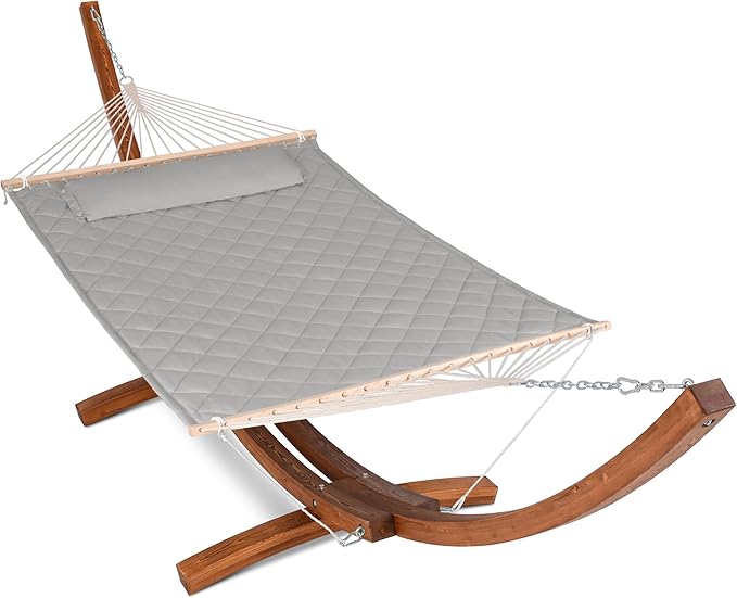ANOW 13.5FT Curved Wood Stand with Double Hammock, Heavy Duty Larch Wood Arc Stand with 2 Chains, 4 Balance Ropes and 4 Carabiners, Includes Light Gray Hammock with Spreader Bars