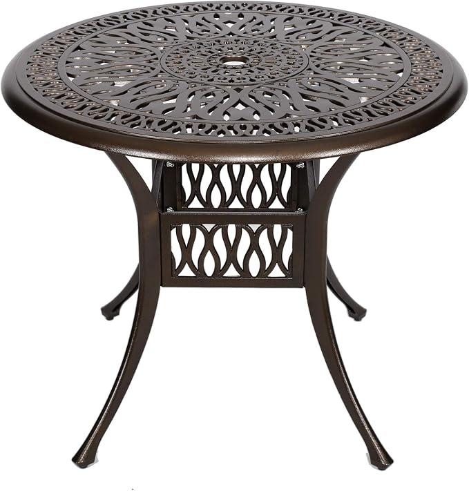 YUSING 35.4" Outdoor Dining Table,Patio Cast Aluminum Table,Furniture Set,Bistro Round Table with 2" Umbrella Hole for Kitchen,Garden,Yard
