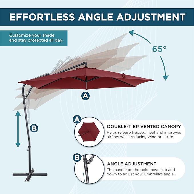 10FT Offset Patio Umbrella, Cantilever Hanging Umbrella with Infinite Tilt, Fade-Resistant Water-Repellent Canopy & Cross Base for Yard, Garden & Deck