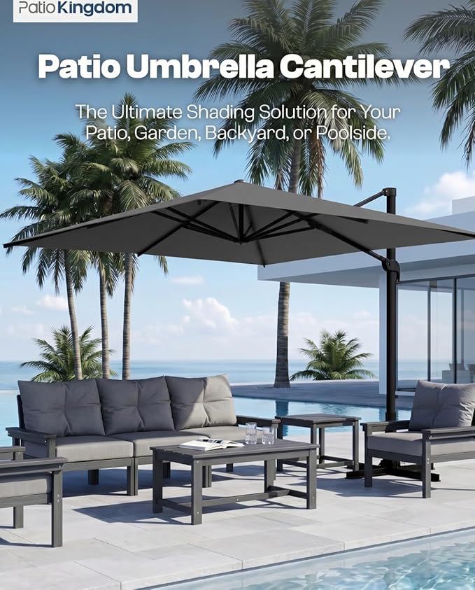 10'×10' Patio Umbrella, Aluminum Cantilever Umbrella with 360°Rotation, Offset Patio Umbrella with Easy Tilt Fade Resistance for Pool Deck Backyard, Charcoal (Base not Included)