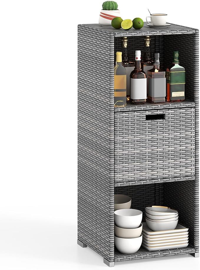 Tangkula Rattan Outdoor Storage Cabinet, Patiojoy Outdoor Wicker Cabinet with 3 Shelves, 1 Removable Drawer, Patio Storage Deck Box for Backyard Poolside Porch