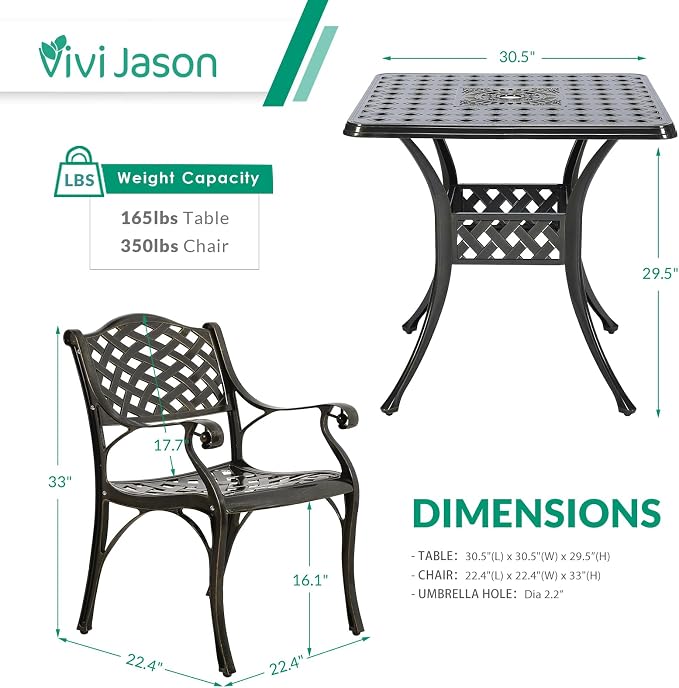 VIVIJASON 5-Piece Outdoor Patio Dining Set, All-Weather Cast Aluminum Conversation Set, Patio Furniture Set for Balcony Lawn Garden Backyard, Include 4 Chairs, a 30.5” Square Table with Umbrella Hole
