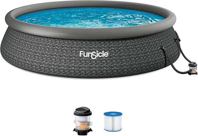 Funsicle Quickset Designer 15' x 36" Round Above Ground Swimming Pool, with FiltraBoost 800 GPH Filter Pump, Type D Filter Cartridge & Repair Patch, Dark Herringbone