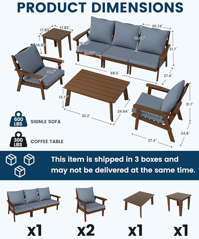 FOOWIN 7-Piece Patio Furniture Set, HDPE All-Weather Outdoor Conversation Set with Thick Cushions, Sectional Patio Sofa Furniture for Deck, Porch, Lawn, Garden, Brown Frame & Grey Cushion