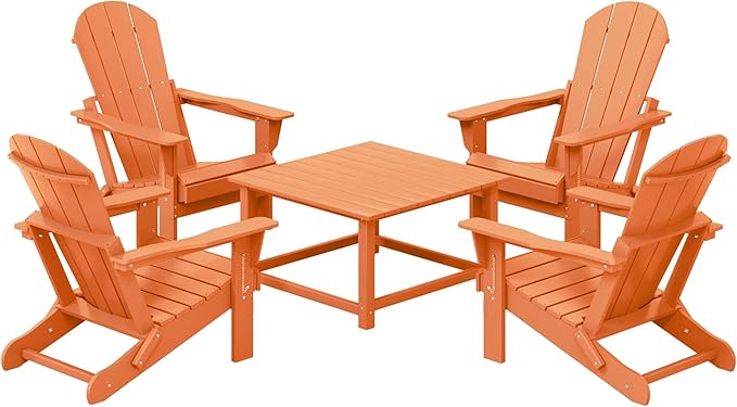 Costaelm Patio Conversation Set, 5 Piece Balcony Furniture, Small Patio Firepit Furniture Outdoor Adirondack Square Coffee Table and Chair for Backyard Lawn Porch Pool Garden, Orange