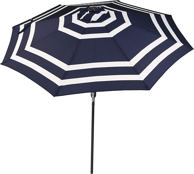 Sunnydaze 9 ft Striped Patio Umbrella with Solar Lights - Polyester LED Table Market Umbrella with Tilt and Crank - Navy Blue Stripe
