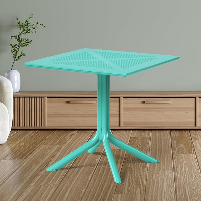 Costaelm Patio Dining Table for 4, Square PP Patio Table, 4-Person Weather Resistant Porch Tables for Outside Poolside Deck Lawn Garden Backyard, Turquoise