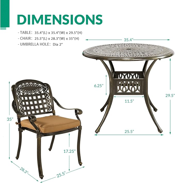 VIVIJASON 3-Piece Outdoor Patio Bistro Set, All-Weather Cast Aluminum Furniture Dining Sets Include 2 Cushioned Chairs and 35.4" Round Table w/Umbrella Hole for Balcony, Lawn, Garden, Backyard
