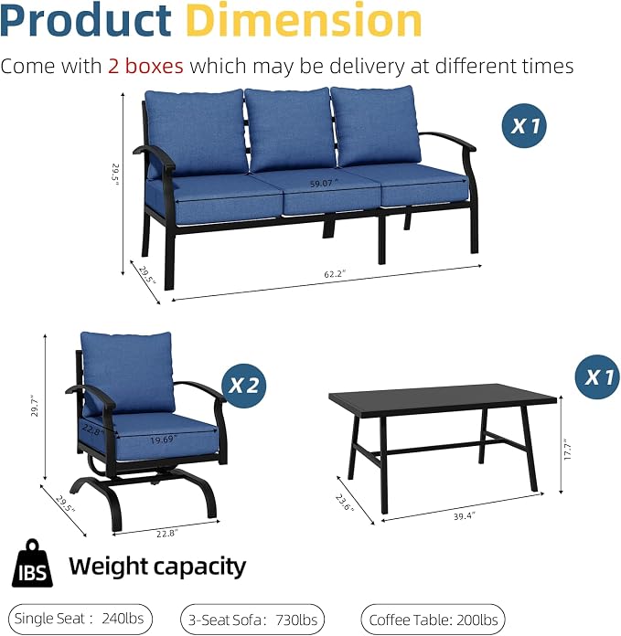 ALAULM 4 Piece Patio Furniture Set,Outdoor Metal Patio Furniture with Coffee Table & Rocking Chairs Conversation Set for Porch,Backyard,Poolside, Garden-DarkBlue