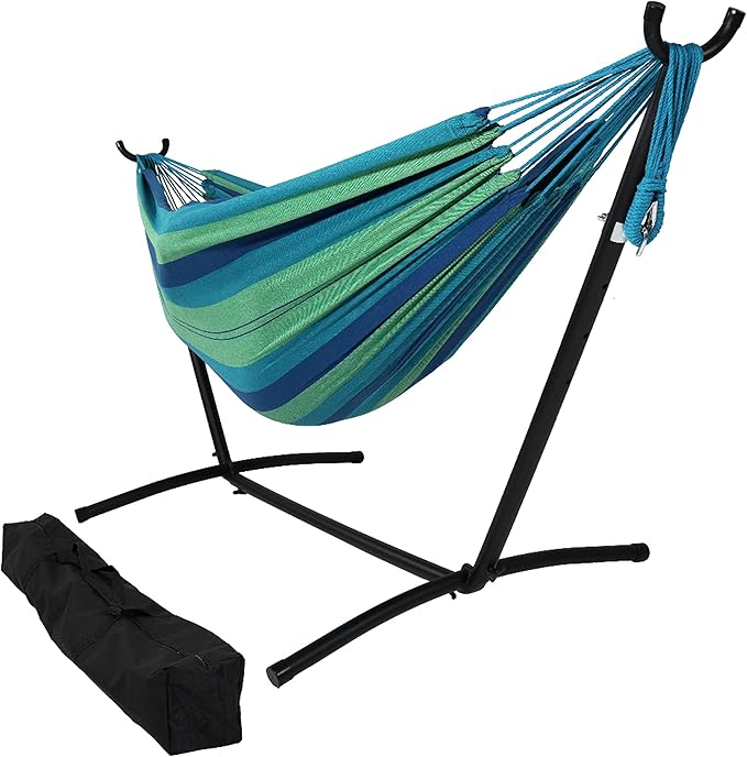 Sunnydaze Double Brazilian Hammock with Stand and Carrying Case - 400-Pound Capacity - Black Stand - Beach Oasis