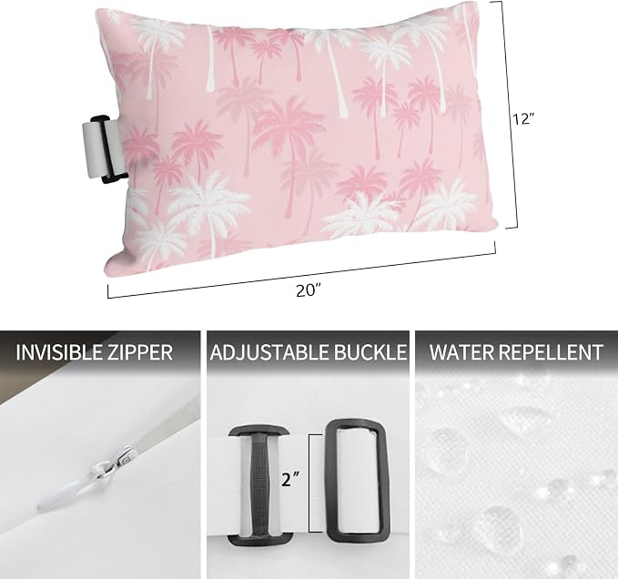 Tropical Palm Tree Outdoor Pillows for Chaise Lounge Chair Waterproof Lumbar Pillows with Insert&Adjustable Elastic Strap Beach Headrest Pillow Pink White Plants Coastal Leaf Beach Pool Pillow 12"x20"