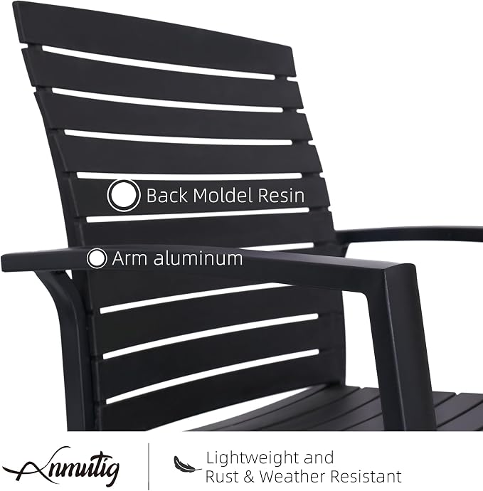 5 Piece Patio 35" Square Table and Aluminum Chairs Dining Set for 4 Person | Aluminum Frame Chairs, Resin Chair Seat, Resin Chair Back, 4 Piece Stackable Chairs, 1 Piece Black Metal Table, 4 Person Set