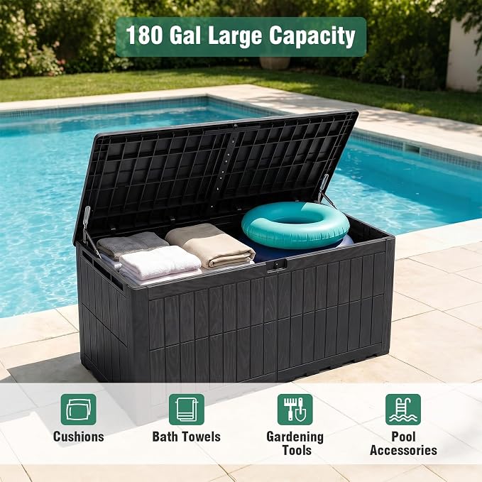 Tangkula 180 Gallon Outdoor Storage Box, Waterproof PP Resin Patio Storage Box with Lockable Lid for Indoor & Outdoor Use, 2-in-1 Rattan Design Deck Box for Cushions, Garden Tools