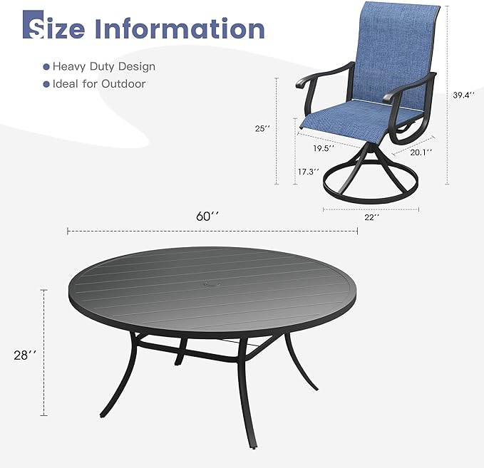 VICLLAX 9 Pieces Outdoor Dining Set, Patio Furniture Set of 8 Patio Swivel Dining Chairs and 60" Patio Round Table, Navy Blue Chairs & Black Tabletop
