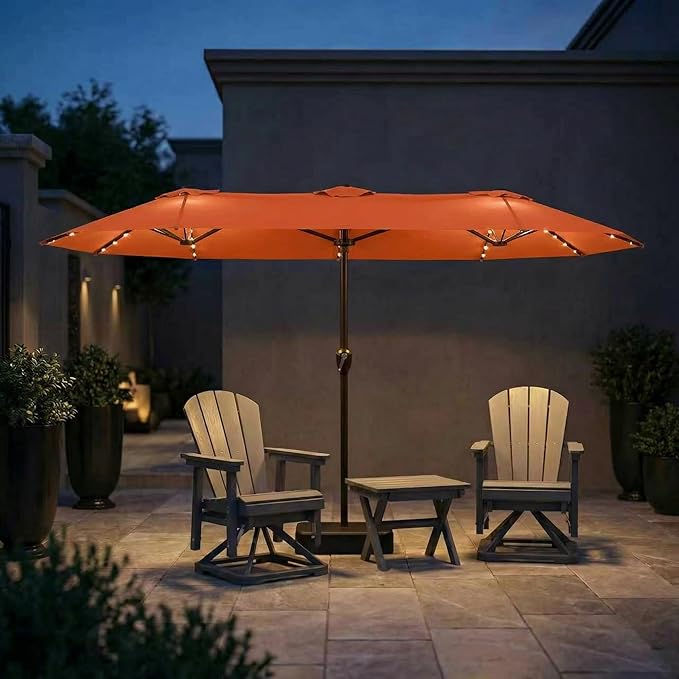 15FT Patio Umbrella with Solar Lights, Double-Sided Extra Large Outdoor Table Umbrella with Base Included, Heavy-Duty 12 Iron Ribs Market Umbrella for Garden, Pool, Backyard, Terracotta