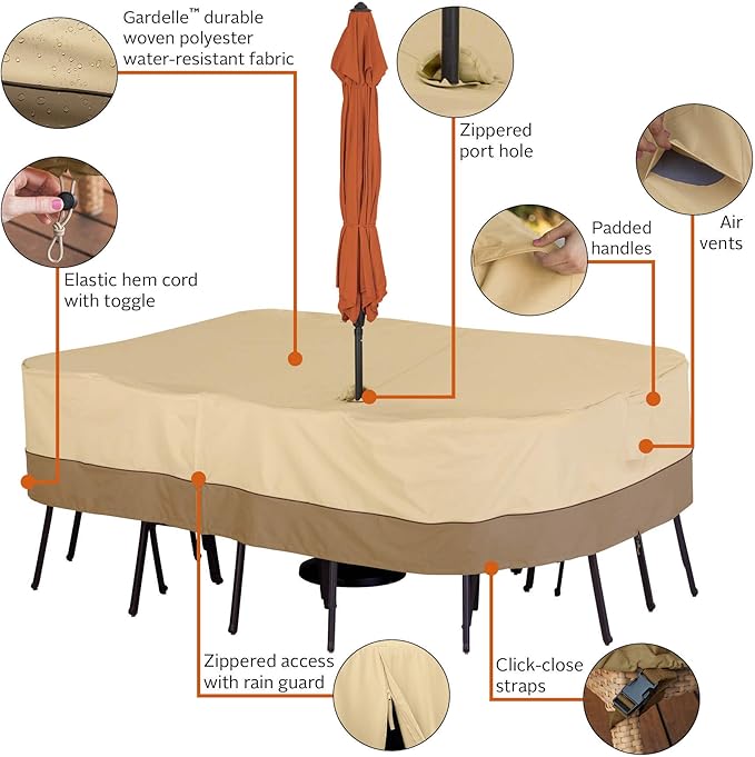 Classic Accessories Veranda Water-Resistant 88 Inch Rectangular/Oval Patio Table & Chair Set Cover with Umbrella Hole, Outdoor Table Cover