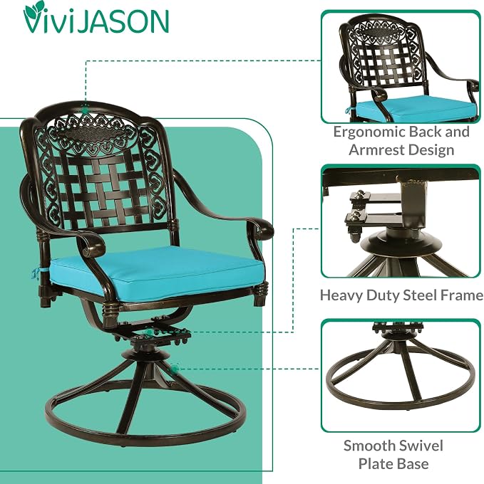VIVIJASON 9-Piece Outdoor Dining Set, Cast Aluminum Patio Table & Chair Furniture Set, Include 94.5" Rectangular Table, 2 Swivel Rocker Chairs, 6 Stationary Chairs, Umbrella Hole, Ocean Blue Cushion